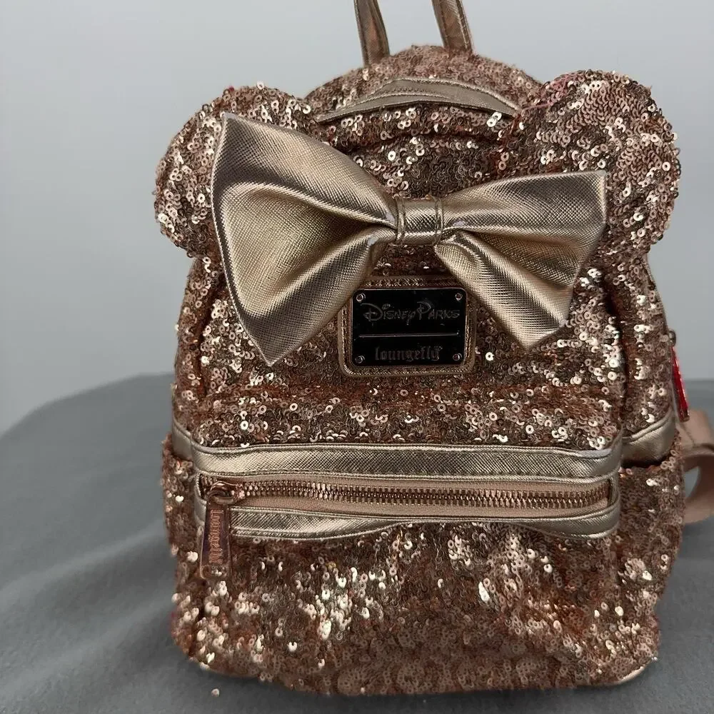 Loungefly Disney Parks Minnie Mouse Rose Gold Sequin Mini Backpack Bow 2019